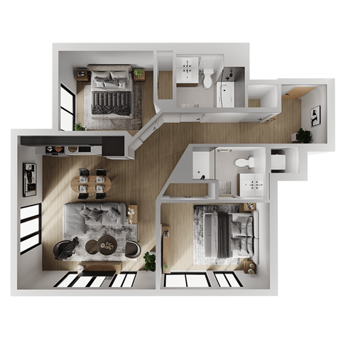Floor plan for 2 beds, 2 baths, 1009 sqft